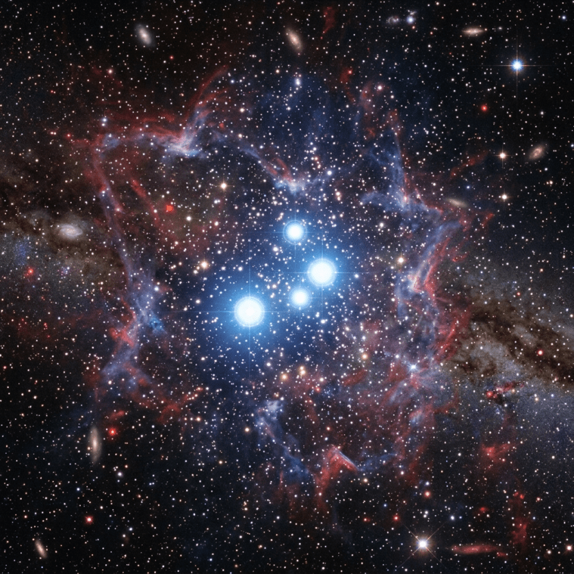 Bright blue stars in a star cluster with surrounding nebula and numerous distant stars