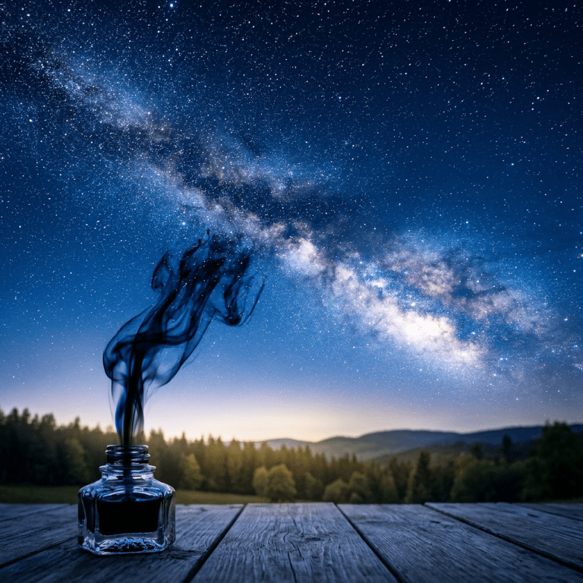 Ink bottle emitting smoke that merges with the Milky Way galaxy in a star-filled night sky