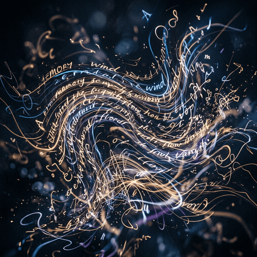 Swirling abstract pattern of illuminated cursive handwriting in various colors