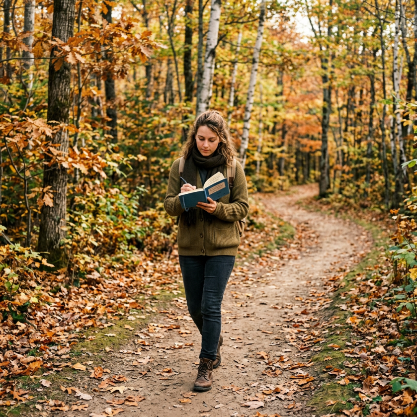 Woman writing in a notebook while walking through an autumn forest