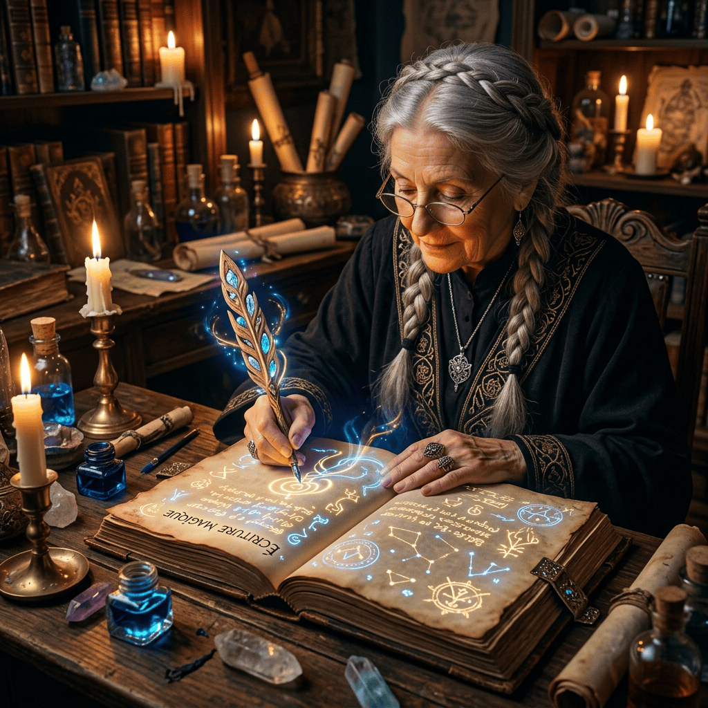 Elderly woman writing glowing symbols in an illuminated spellbook