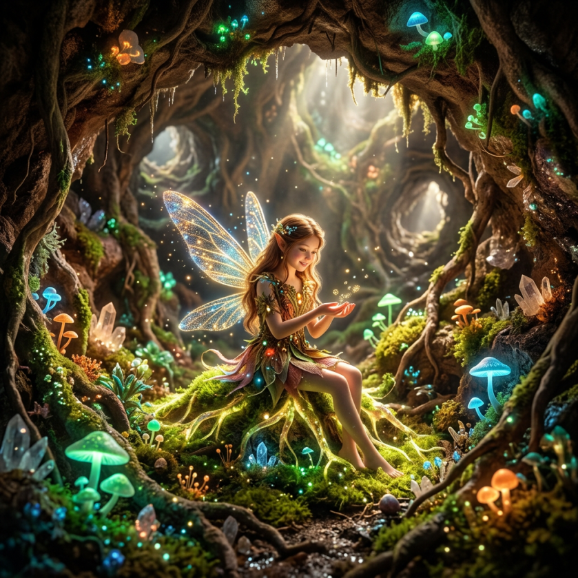 Winged fairy holding glowing sparkles in a magical forest cavern