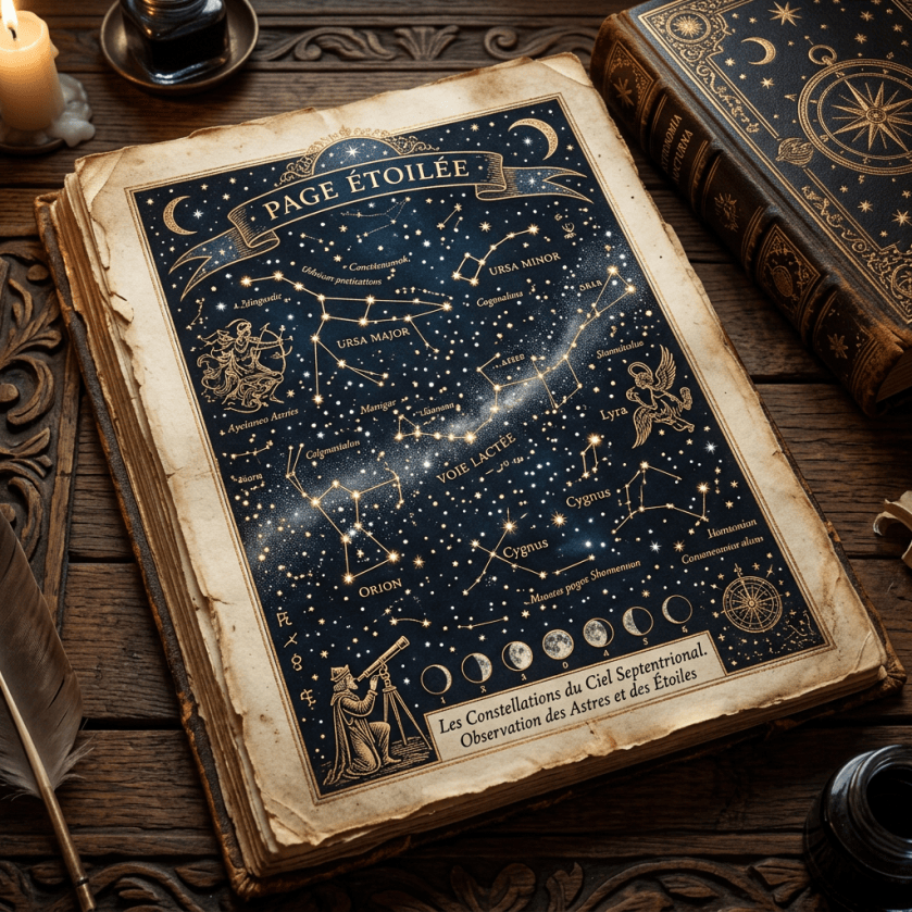 Antique star chart titled "PAGE ÉTOILÉE" showing constellations including Ursa Major, Ursa Minor, Lyra, Orion, Cygnus, and the Milky Way, with French text "Les Constellations du Ciel Septentrional".