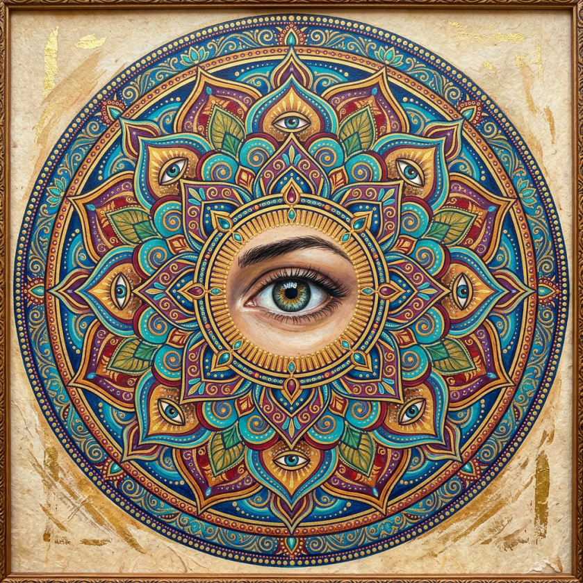 Ornate circular mandala centered on a realistic eye with surrounding eye motifs